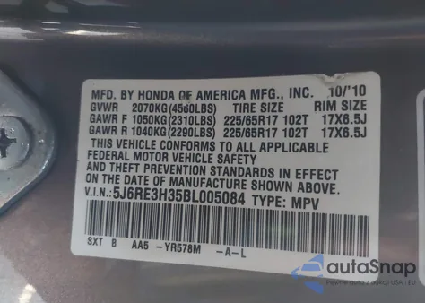 2011 Honda Cr-V Lx from USA, damaged, VIN 5J6RE3H35BL005084
